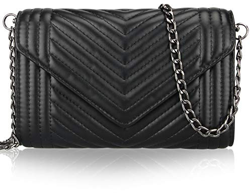 Voikukka Sac à bandoulière matelassé en cuir noir pour femme avec chaîne, pour téléphone portable, portefeuille, sac à main pour iPhone, noir, Small