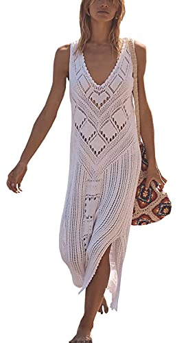 LikeJump Femmes Tricot Crochet Évider Robe de Plage Maillots de Bain Cover Up Kaftan Maxi Tops