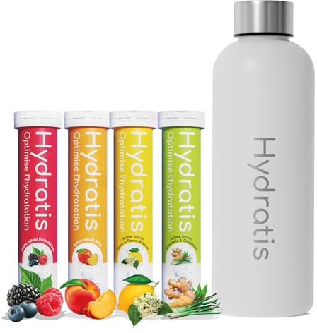 HYDRATIS - Pastilles Hydratation Electrolytes - Mix 4 Parfums + Gourde 500 ml Blanche - Améliore l'Hydratation et Favorise l'Énergie - Formule Isotonique - Sport. Récupération (80 Pastilles)