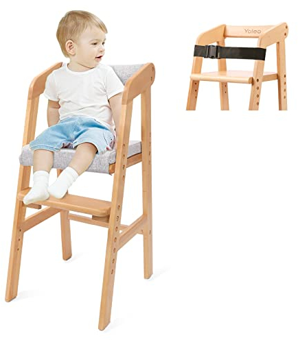 YOLEO hochstuhl, höhenverstellbarer Holzhochstuhl für kinder von 2 bis 12 Jahren, mitwachsender Buchenholz Babystuhl, Stuhl wächst mit dem Baby, zum Essen und Lernen (Natur mit Kissen)