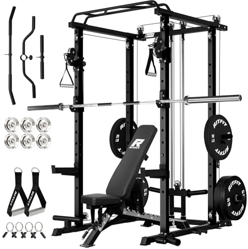 RitFit Multi-Function Garage & Home Gym Package Includes 1200LBS Power Cage PPC-P3 with Cable Crossover System, Weight Bench, Olympic Barbell Weight Set, Full Body Workout-BLK,Bumper Plate 230lbs