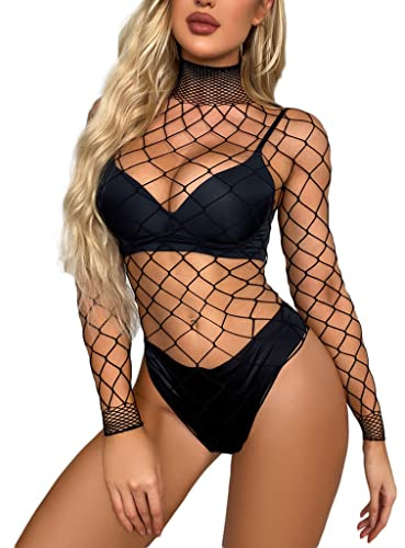 NewBull Lingerie Onesie Red avec ouverture supérieure, col haut, manches longues, Fishnet sexy transparent, maille, partie supérieure du corps translucide séduisante et élastique, Noir , Taille Unique