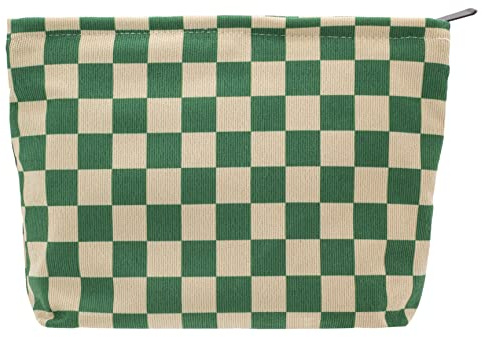 PAZIMIIK Makeup Bag Large Zipper Corduroy Make Up Pouch for Purse Travel Canvas Cosmetic Organizer for Women Brush Storage,Checkered Green
