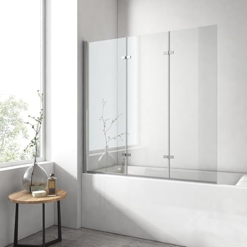 EMKE Parete vasca da bagno pieghevole 120 x 140 cm, 3 pannelli girevoli, vetro vasca da bagno in vetro di sicurezza da 6 mm, oscillazione di 180°, Telaio cromato stile industriale, nano-rivestito