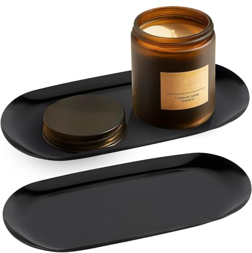 ZephyrCraft 2 Stück Tablett Schwarz, Edelstahl Deko Tablett, Esstisch Deko Ablageschale, für Kosmetik Schmuck Kerzen Dessert