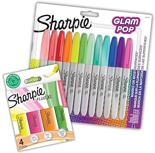 Sharpie Glam Pop Permanent Markers Fluo XL Textmarker, 12 Marker Stifte und 4 Textmarker-Set,