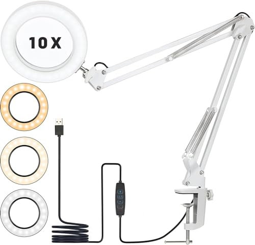 10X Magnifying Glass with Light and Stand, LED Magnifying Desk Lamp with Clamp,72LEDs & 5 Color Modes Magnifier Desk lamp,10X Magnifying Lamp for Craft Work Reading Sewing Painting Repair Crafts-White
