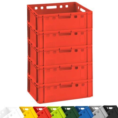 BURI 5 x Meat Crates E2 Butcher Crates 60 x 40 x 20 cm Food-Safe, Robust, Stackable – Universal Storage Box Eurobox from Germany, Red