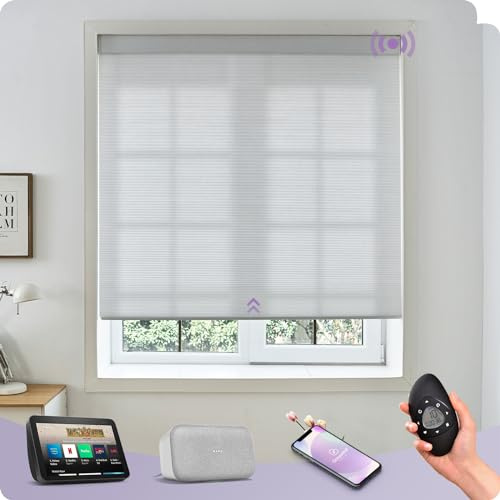 Graywind Smart Custom Cellular Blinds Compatible with Alexa Google, 60% Blackout Rechargeable Motorized Double-Cell Honeycomb Window Shades, Thermal Privacy Remote Pleated Blinds, White