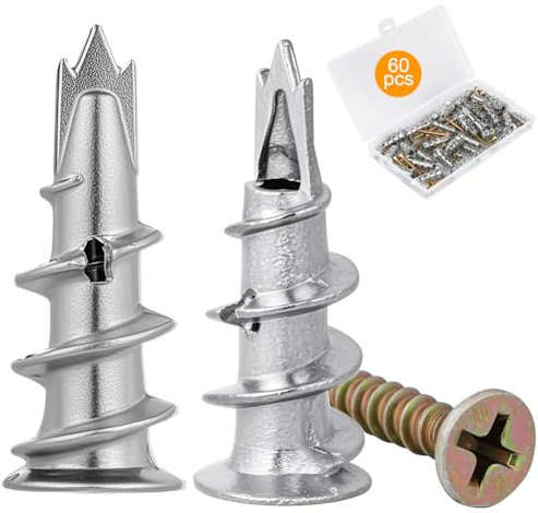 vsshe 60 Pcs Chevilles pour Placoplatre, Cheville Queue de Cochon, Chevilles pour Plaques de Plâtre avec Vis Autoforeuse, Autoperceuses en Métal pour Plaques de Plâtre Béton Briques