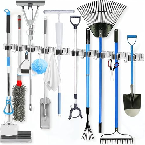 2 Pack Heavy Duty Wall Mount Broom Holder – Stainless Steel with 5 Racks & 4 Hooks Broom Organizer– Self-Adhesive or Screw Mount Mop Holder for Garage, Laundry, Kitchen – Silver