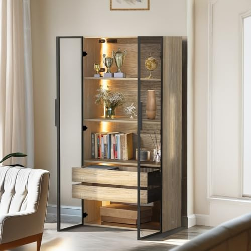 PUGSDRLY Meuble de Salle de Bain,Vitrine en Verre avec LED Réglables,2 Tiroirs,2 Portes Vitrées,Armoire Chambre,Meuble de Rangement,Buffet Cuisine,pour Salon,Chambre,74x36x155 (A)