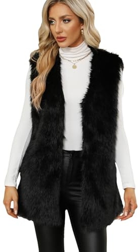 YuanDiann Damen Kunstfell Weste Herbst Winter Casual Mode V-Ausschnitt Fellweste Warm ärmellose Fellimitat Gilet Kunstpelz Geschenk Schwarz XL