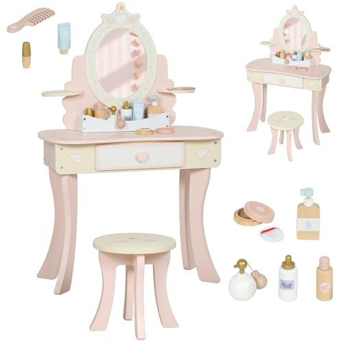 AIYAPLAY Kids Dressing Table, Girls Vanity Table with Stool, Drawer, Removable Mirror, Desktop Storage, 7 Play Accessories, 2 in 1 Toddlers Pretend Make Up Desk Set for Girls, Pink