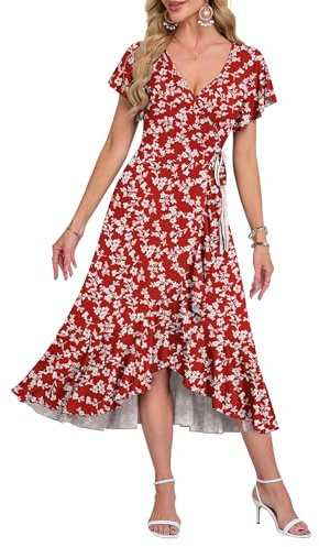 AUSELILY Robe D'Été Femme Manches Courtes Col en V Taille Haute