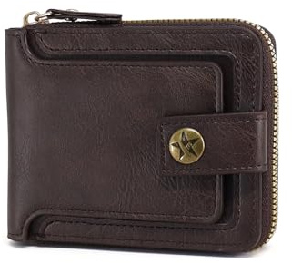 FuninCrea Portafogli da uomo, in pelle PU, portafoglio da uomo, portafoglio portatile da uomo con chiusura lampo, multiplo scomparti portafogli da uomo con finestra ID, caffè, 10 * 2,5 * 11,5 cm