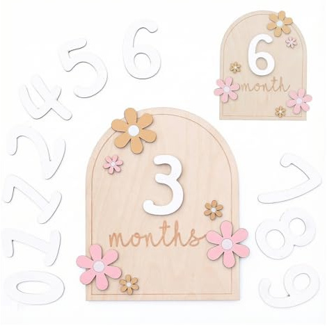 CATZUM 1 Unidad Tarjetas de Hitos Mensuales para Bebé, Estilo Floral de Madera, Accesorios para Fotos de Bebé 0-12 Meses, Unisex, Ideal para Baby Shower y Registro de Crecimiento