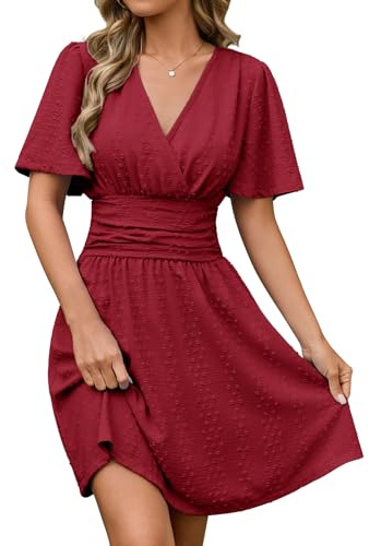 CMTOP Vestito Donna Estivo Manica Corta Scollo a V Vestiti Vita Alta Abiti Avvolgenti A Line Casual Mini Linea Vestitino Maniche da Spiaggia (Bordeaux, M)