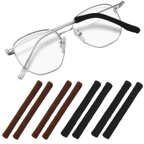 MIRKUZI Accessoires pour lunettes, 4 paires de protège-branches de lunettes, embouts antidérapants, butées de lunettes et coussinets d'oreilles antidérapants (noir, marron)