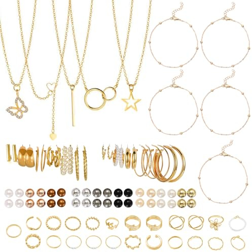 HTTDSLF 54 Pcs Parure Bijoux Femme, Élégante Parure de Bijoux pour Femme, Bracelet, Bagues, Collier Femme Or, Ear Cuff, Boucles d'Oreilles Créoles, Cadeaux pour Femme Fille