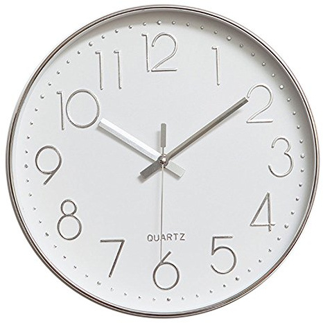 jomparis Modern 12 Battery Operated Non-Ticking Silent Sweep Movement Wall Clock Decorative for Office,Kitchen, Living Room, Bedroom, Bathroom Silver Plastic Frame