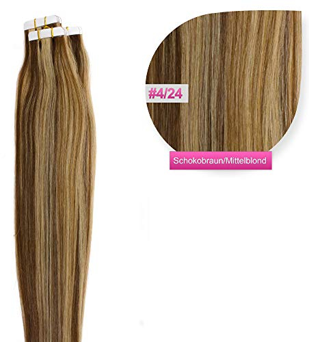 Tape Extensions Gesträhntes Echthaar Haarverlängerung 60cm Tape In Haare mit Klebeband 10 Tressen x 4 cm breit und 2,5g Gewicht pro Tresse Farbe #4/24 Schokobraun Blond