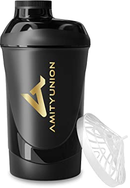 AMITYUNION Eiweiss Shaker Deluxe 800 ml BPA frei, auslaufsicher, mit Sieb & Skala für Cremige Protein Shakes, Gym Fitness Becher für Isolate & Sport Konzentrate, Protein Shaker, Schwarz Goldenes Logo