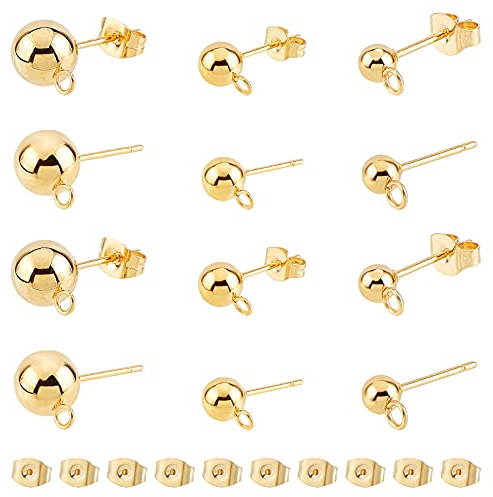 UNICRAFTALE 30 Pieza 3 tamaños Arete de Bola de Oro Pendientes de Acero Inoxidable con Bucle Y Componente de Pendiente de Tuerca de Oreja para Hacer Joyas de Bricolaje