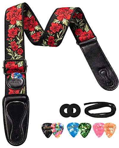 LEKATO Akustikgitarrengurt, Gitarrengurt, E-Gitarrengurt, Blumenstickmuster, Gitarren-Bassgurt für Akustik- und E-Gitarren, Bass mit 6 Plektren und 2 Gurtschlössern