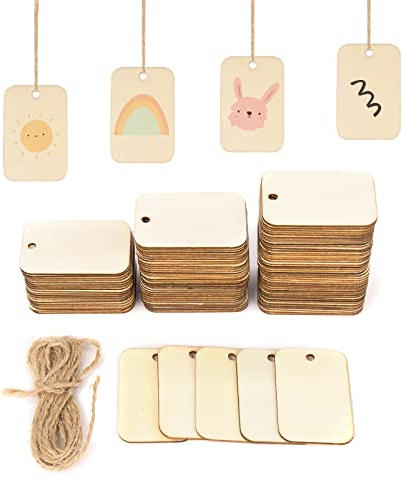 FRUHLING 100pcs Holz Geschenkanhänger mit Loch DIY Holz Etiketten Tags mit Jute-Schnur Dekorative Naturholzscheiben Basteln für DIY Kunsthandwerk Hochzeit Weihnachten Thanksgiving