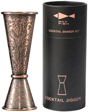 SKY FISH Jigger de Cóctel de Acero Inoxidable | Medida Doble de Bebidas Espirituosas de Estilo Japonés en Relieve 3d con Marcas de 1oz/2oz | Cobre Antiguo | Lavado a Mano.
