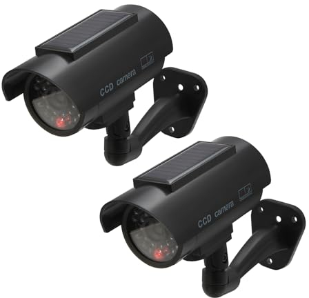 2 pcs Alarmanlage Haus Attrappe Dummy Solarbetriebene Kamera Überwachung Aussen Fake Kamera Attrappe Außenbereich mit Realistischem Rotem Blinklichtsensor und Warnaufkleber (Schwarz)