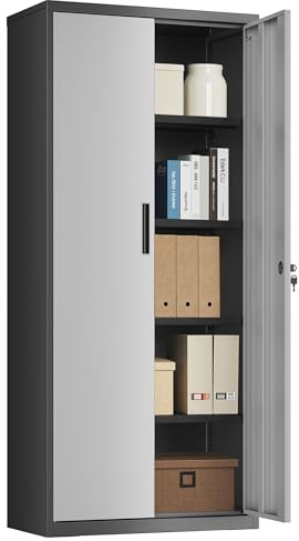 SONGMICS Aktenschrank, Mehrzweckschrank, Stahl-Aufbewahrungsschrank, 5 Ebenen, Doppeltüren, Schloss, Werkzeugschrank, verstellbare Ablagen, Garage, Büro, Wohnzimmer, silbern-schwarz OMC015S01