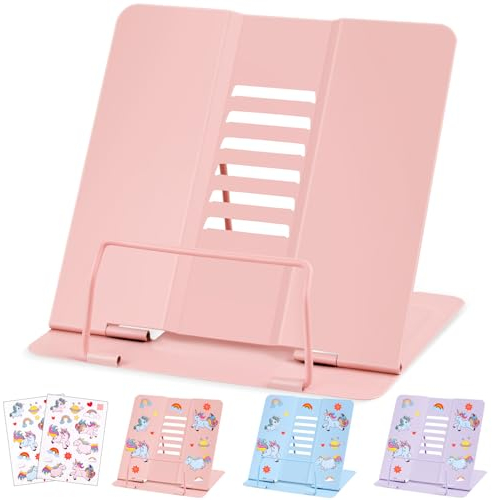 WuGU Buchständer Metall, verstellbarer Faltbarer Buchständer kinder, Multifunktionales Metall-Lesegestell für Halten von Redeentwürfen, Lehrbüchern, iPads, Rezepten(Rosa)