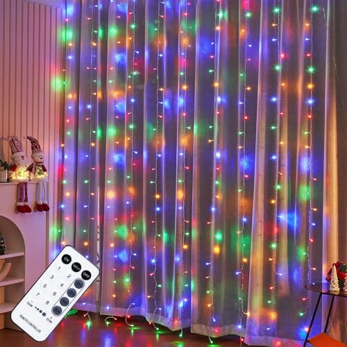 WATERGLIDE 300 LED Curtain Lights, Remote Control Christmas Decorative Hanging String Lights, 8 Lighting Mode, Plug in for Indoor Outdoor Holiday Party Garden Backdrop Wedding Home Decor, Multicolor