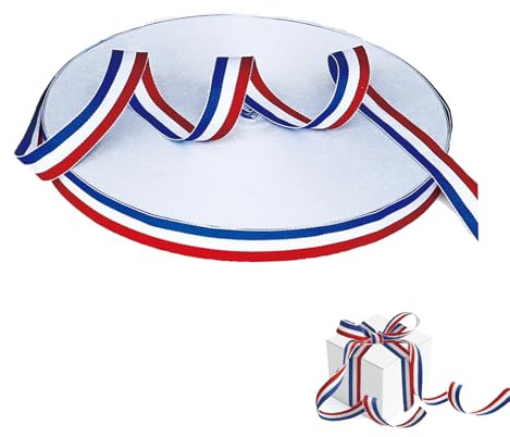Bobine de ruban tricolore de 50 m, rouleau de ruban d'emballage décoratif en nylon polyester tricolore sangle colorée, ruban de satin bleu, blanc, rouge rayé, médailles, ceinture en tissu