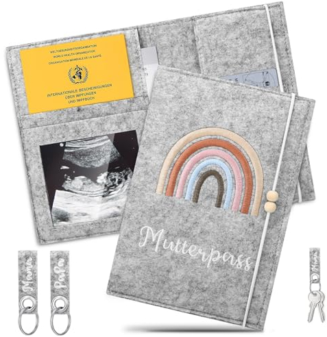 Draupnir Mutterpass Schutzhülle, Deutschen Mutterpass Hülle Filz, Mutterpasshülle Grau mit 2 Schlüsselanhänger, Hülle Mutterpass mit Fächer für Ultraschallbild, Impfpass, Versichertenkarte
