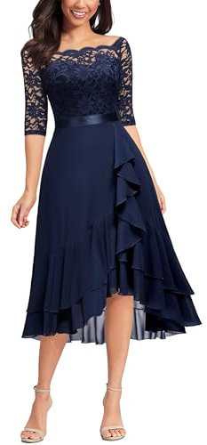MIUSOL Women's Elegant Lace Chiffon 2/3 Sleeve Off-Shoulder Cocktail Ball Bridesmaid Patry Swing Midi Dress (Large, Double Hem-Navy Blue)