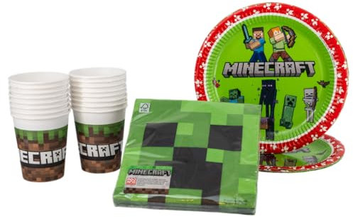 SPARKLERS CLUB Minecraft, confezione da 52 pezzi, 16 piatti, 16 bicchieri, 20 tovaglioli, stoviglie usa e getta, stoviglie da festa, decorazione da tavola
