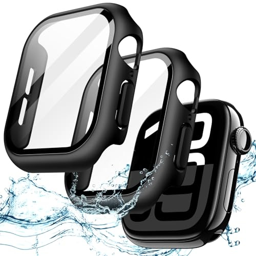 JETech Waterproof Case with Screen Protector for Apple Watch Series 11/10 42mm, Built-in Tempered Glass Film Hard PC Bumper Full Protective Cover, 2 Pack (Black)