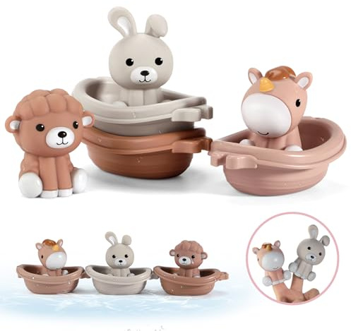 Nueplay Bathtub Giocattoli per i bambini 1-3, Baby Bath Giocattoli con Animale Finger Puppets, Stackable Boat Train, Regalo per Baby & Toddlers Set di 6