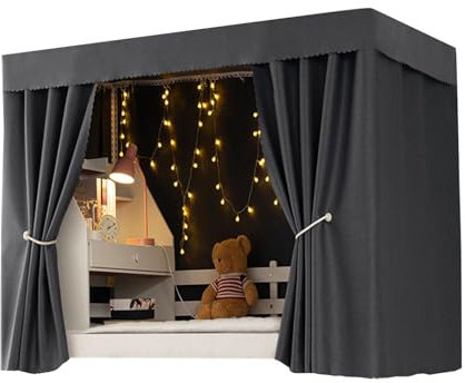 Hochbett-Baldachin für Schlafsäle für Jungen und Mädchen, 2 m lange Vorhänge mit Metallringverschluss für reibungsloses Ziehen, inklusive 3 Vorhängen und 1,5 m Regal (Grau A)