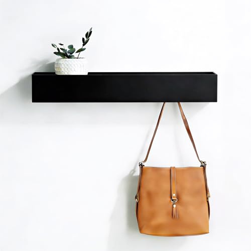 HSUYUN Eisen Garderobenleiste, Versteckte Wandmontage Kleiderhaken Wand, Wandgarderobe mit Ablage, Garderobenhaken Schwarz mit 5 Haken für Wohnzimmer, Flur und Schlafzimmer