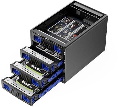 Hybrid 2*3.5/2.5 SATA HDD/SSD+6*M.2 NVMe Gehäuse mit Lüfter, USB3.2 10Gbps Festplattengehäuse unterstützt 2230/42/60/80/110 M-Key/M+B Key SSD mit USB CC und AC Kabel, 92TB Kapazität
