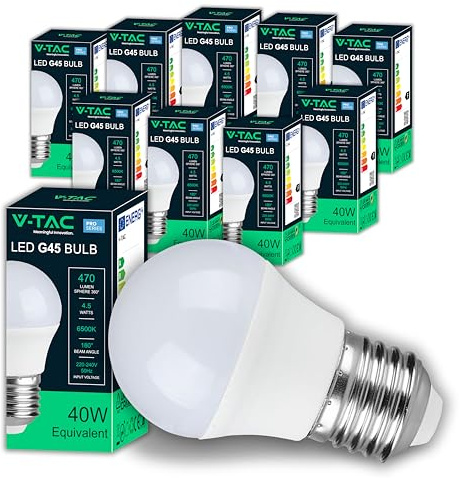 V-TAC 10x Bombillas LED G45 - [ Máxima Eficiencia 4,5W ] - E27 - (Equivalente a 40W) - Chip SAMSUNG - 470 Lúmenes - Bombillas LED Pequeñas de Bajo Consumo - Luz 6500K Blanco Frío