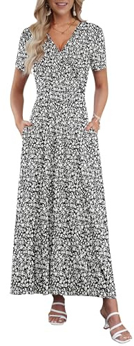 AUSELILY Robe Longue Femme Ete Col en V Manches Courtes Robe Femme Chic et Elegant Taille Haute Ligne A Cocktail Robes avec Poches Petites Fleurs Blanches S