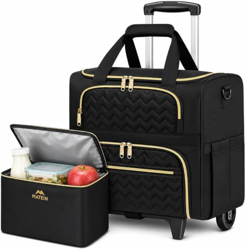 MATEIN 15.6 inch Rolling Teacher Bag with Insulated Lunch Bag, Black | Rolling Briefcase with Wheels &Detachable Cart, Roller Computer Teacher Tote Bag