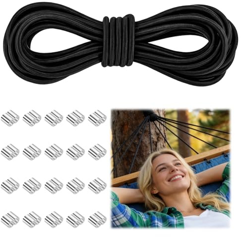 AOOSU Gummirep 6 mm expanderrep 10 m gummisnodd elastiskt gummisnöre för släpvagn, svart presenningsrep med 20 fästklämmor, väderbeständig spännrep för släpvagnar, solsegel, presenning, UVM