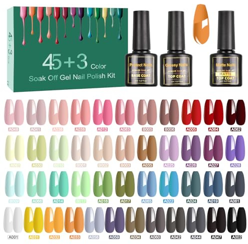 SINZONeu Vernis Semi Permanent,48 Vernis Manucure Nail Art Lot Vernis à Ongles Gel UV LED Nail Polish 45 Couleurs Populaire Avec Base et Top Coat, Matt Top Coat, 8ml
