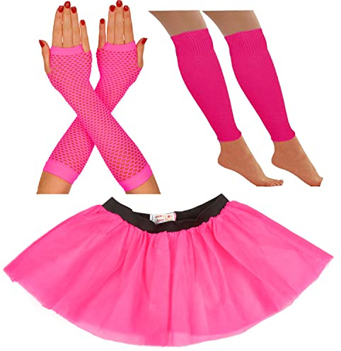 80s Fancy Dress for Women - Neon Tutu Skirt & Leg Warmers, Fishnet Gloves - Rave Retro Outfit (Pink, UK 8-12)